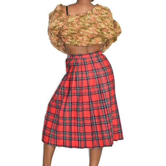 Chaus Tartan Skirt Red Vintage Midi Plaid Check Kilt Pleats Wrap Wool Size Small - Picture 4 of 12